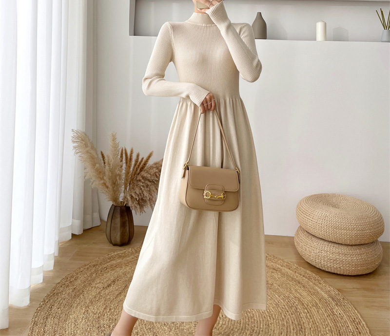 Semi-high neck mid-length elegant woolen dress, new autumn/Winter 2024 Korean-style long-sleeved base knitted dress for women pic 43