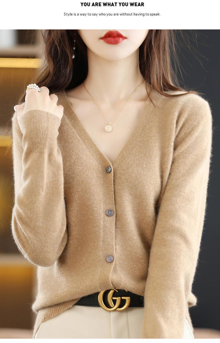New Spring and autumn knitted cardigan for women, V-neck loose short solid color long-sleeved versatile sweater coat made of wool blend pic 50