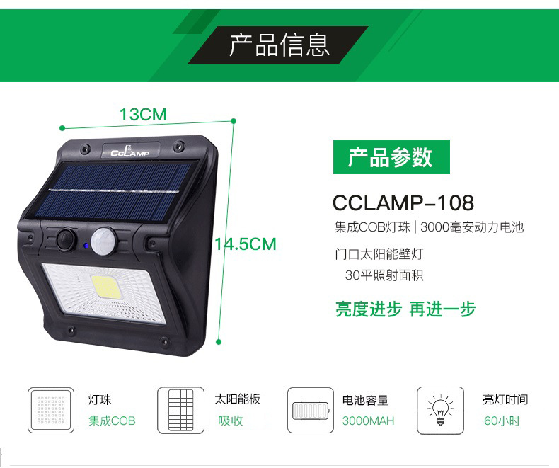 Solar sensor storefront lamp CL-108, photovoltaic power generation, electricity-free, villa outdoor wall lamp wholesale pic 8
