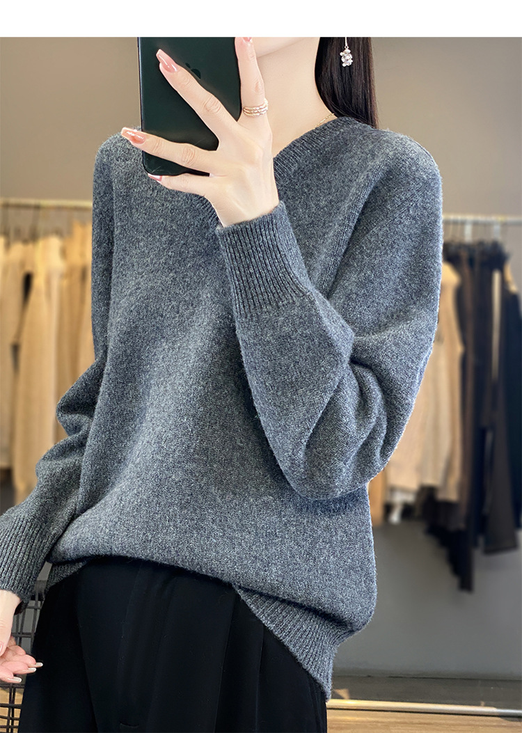 秋冬新款V领100羊毛衫女士宽松显瘦套头内搭毛衣上衣打底衫详情11