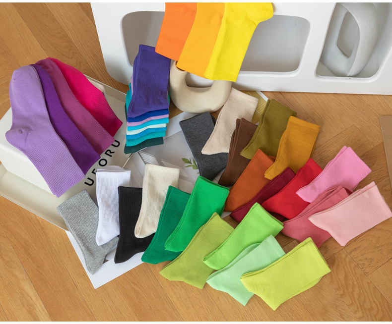 糖果色女士袜子女长筒春秋季简约ins潮流中高筒学生运动彩色棉袜详情9