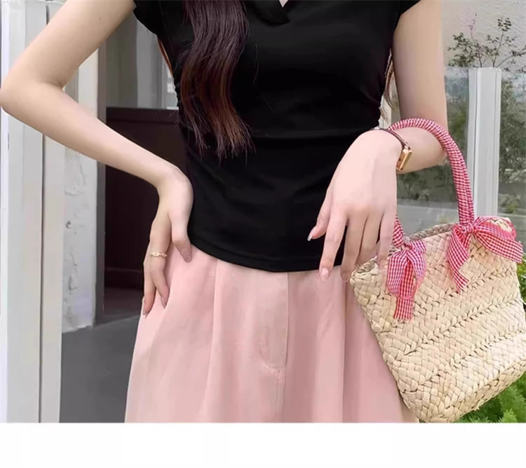 polo collar slimming and form-fitting shoulder T-shirt for women, short sleeve, pure and hot girl, short design with a cinched waist, top for summer pic 34