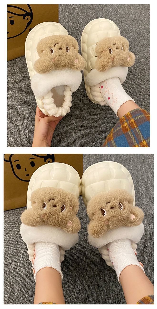 可爱毛绒熊可拆卸棉拖女冬季外穿室内EVA厚底防水踩屎感保暖棉鞋详情8
