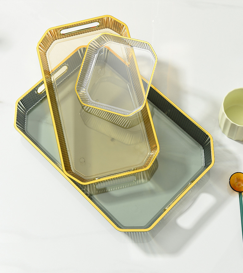 Nordic light luxury tray, household tea cups, water cups, tea tray, living room coffee table, transparent golden edge tray, rectangular dinner plate pic 2