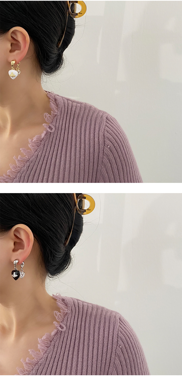 新款时尚土星心形爱心高级设计感简约画油甜酷冷淡小众前后两戴女简约个性百搭轻奢古风甜酷女D复古浅米E10411ABC耳饰详情3