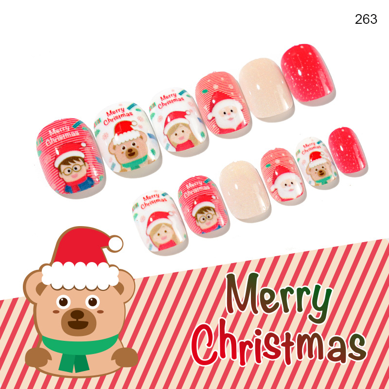 Finished nail sheets for children, 24 pieces of nail patches, cartoon Christmas fake nails, detachable nail stickers with adhesive backing pic 45