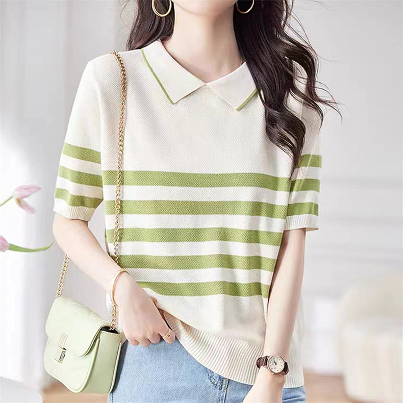 Color-blocking striped short-sleeved knitted sweater, summer Korean-style simple commuting ice silk top, pullover, base layer, lapel T-shirt for women pic 6