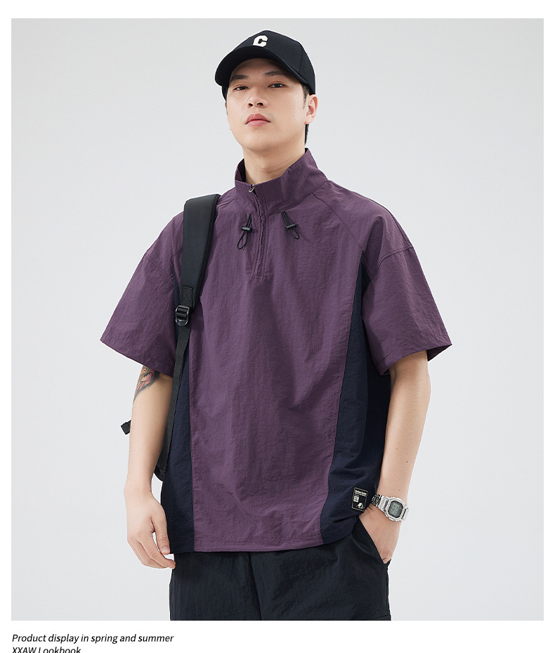 美式工装短袖t恤男士夏季大码潮牌立领拉链体恤半袖男详情13