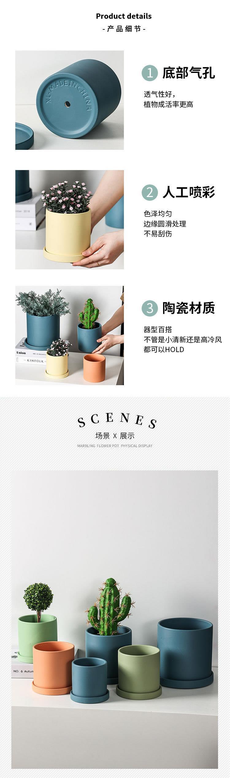 国潮莫兰迪纯色哑光陶瓷花盆带托盘 北欧ins大号家居绿植多肉盆栽鲜花详情7