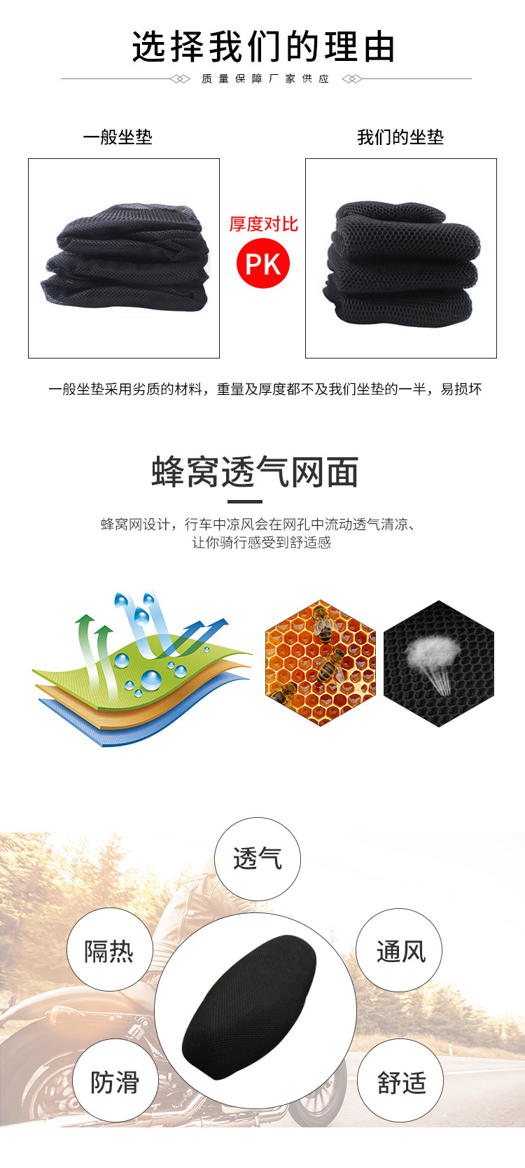 工厂直销电动车坐垫套通用隔热透气蜂窝网格防晒烫加厚摩托车座垫详情6
