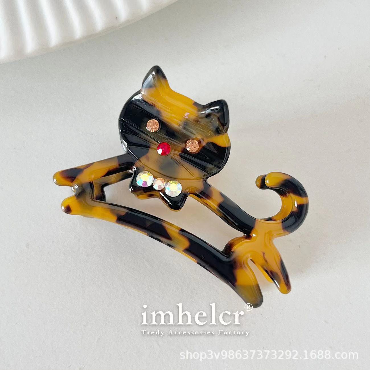 萌宠醋酸发夹少女心可爱中号鲨鱼夹法式镶钻设计原创猫咪抓夹跨境详情8