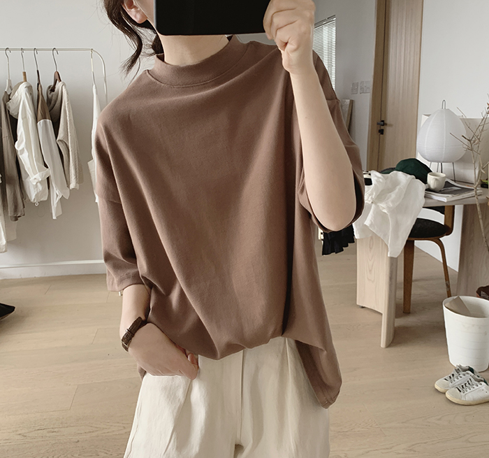 琪镌绘制半高领t恤女式春夏季新款宽松显瘦韩版简约半袖减龄棉质详情28