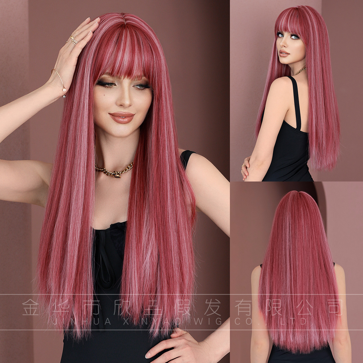 A cross-border Wig blogger on Xiaohongshu, a wig for women with long straight hair, highlights dyed beige lolita, and a full synthetic fiber wig pic 1
