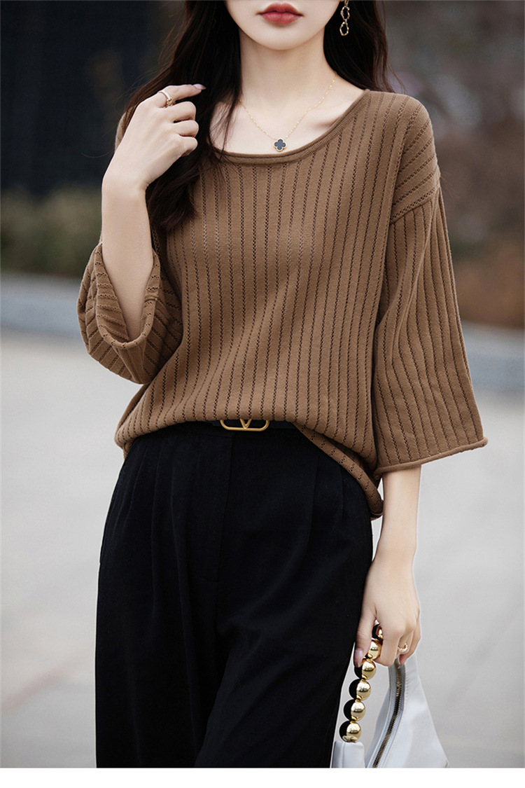 七分袖中袖夏女装纯棉镂空针织套头T恤清凉针织衫宽松版套头大码详情20