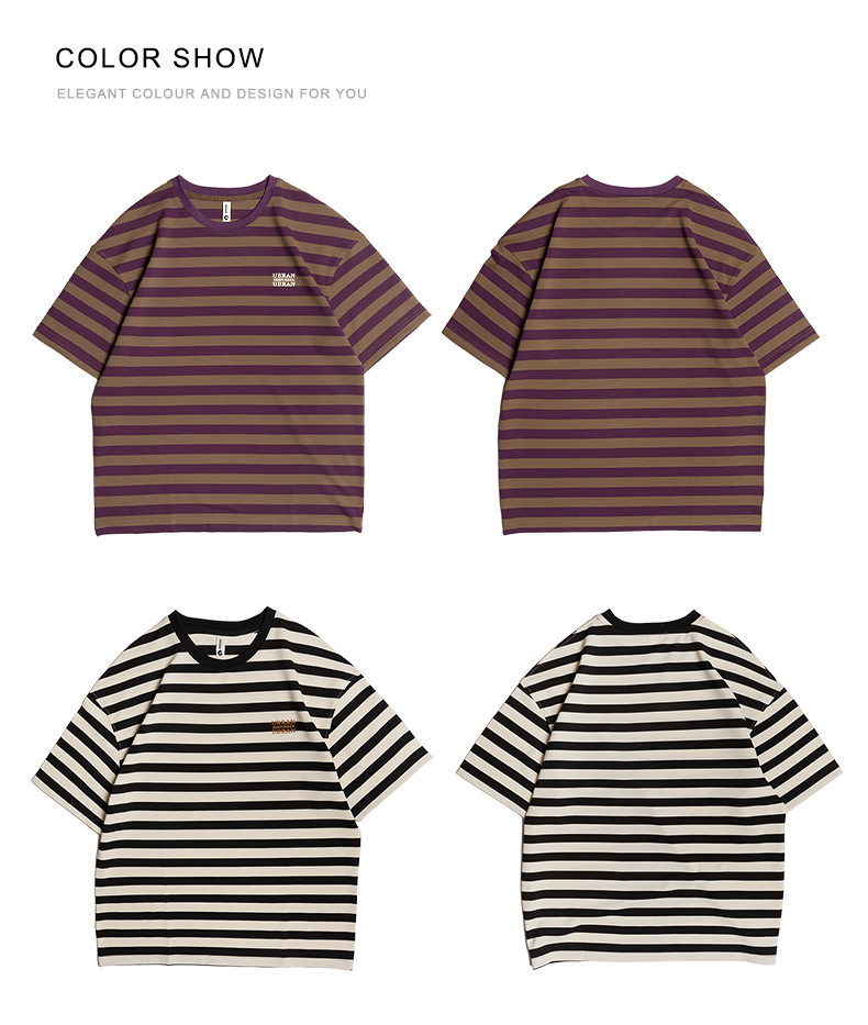 古川男装|2024夏季新款提花条纹短袖男宽松圆领套图百搭学生半袖详情2