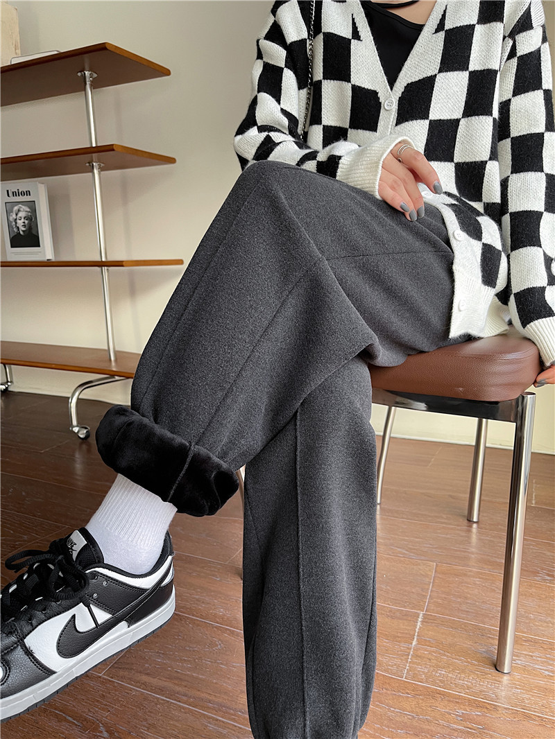 Black wide-leg pants for women in spring and autumn, high-waisted, sagging straight-leg casual pants for slimming, versatile, floor-length, fleece snowflake glutinous rice pants pic 13