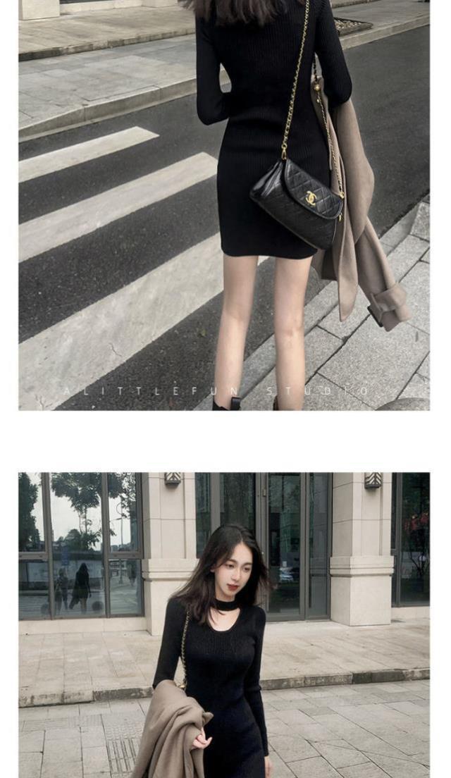 法式纯欲风性感开叉黑色针织连衣裙女秋冬设计感小众辣妹穿搭裙子详情14