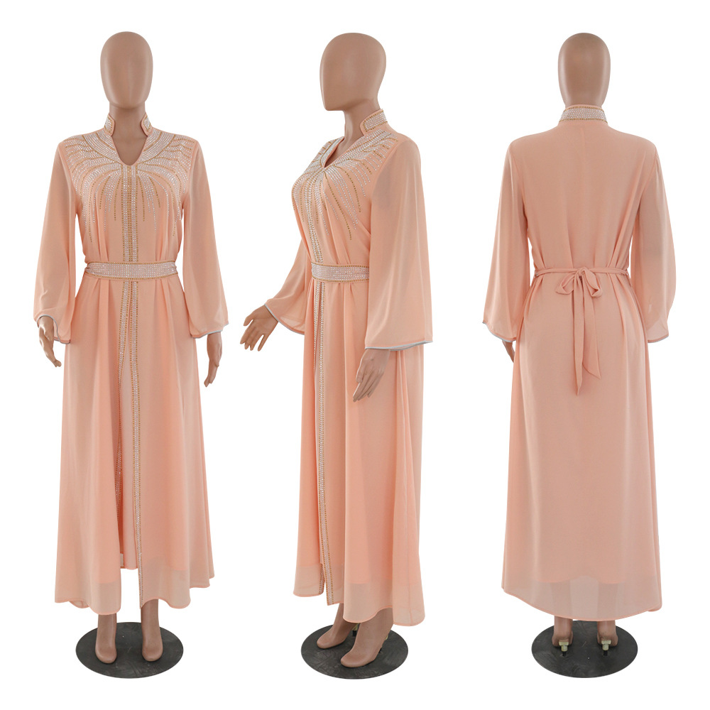 XQY500090 Foreign trade Arab robe, Middle East kaftan fashion Hot diamond belted chiffon dress pic 55