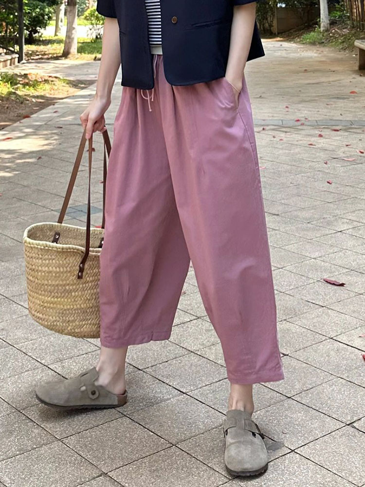 很少见这么好看！玫粉色日系休闲宽松气球裤松紧腰休闲裤女阔腿裤详情3