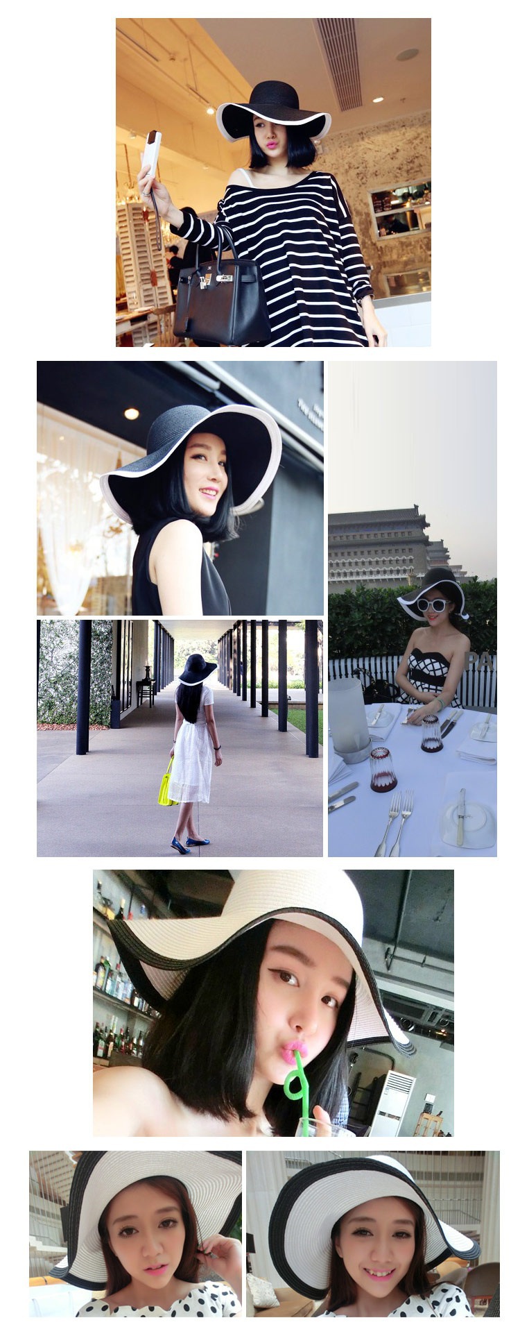 Black and white striped folding summer wide-brimmed sun hat for women, sun-protective beach straw woven hat pic 6