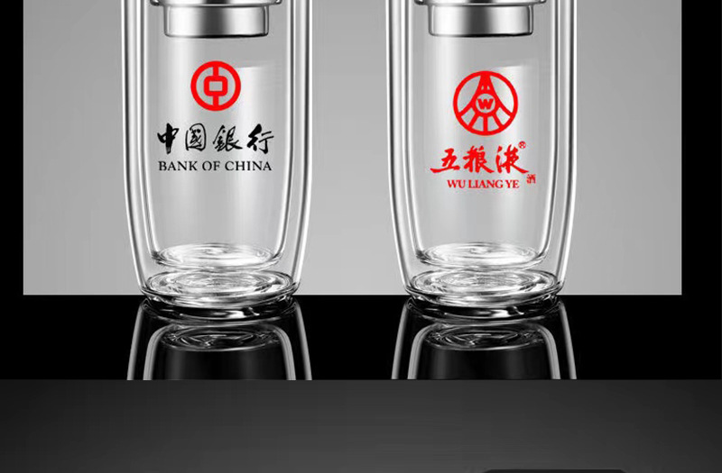 Thickened double-layer glass cups, large-capacity tea-water separation cups, business tea brewing cups, car-mounted goose egg cups, gift printed words pic 39