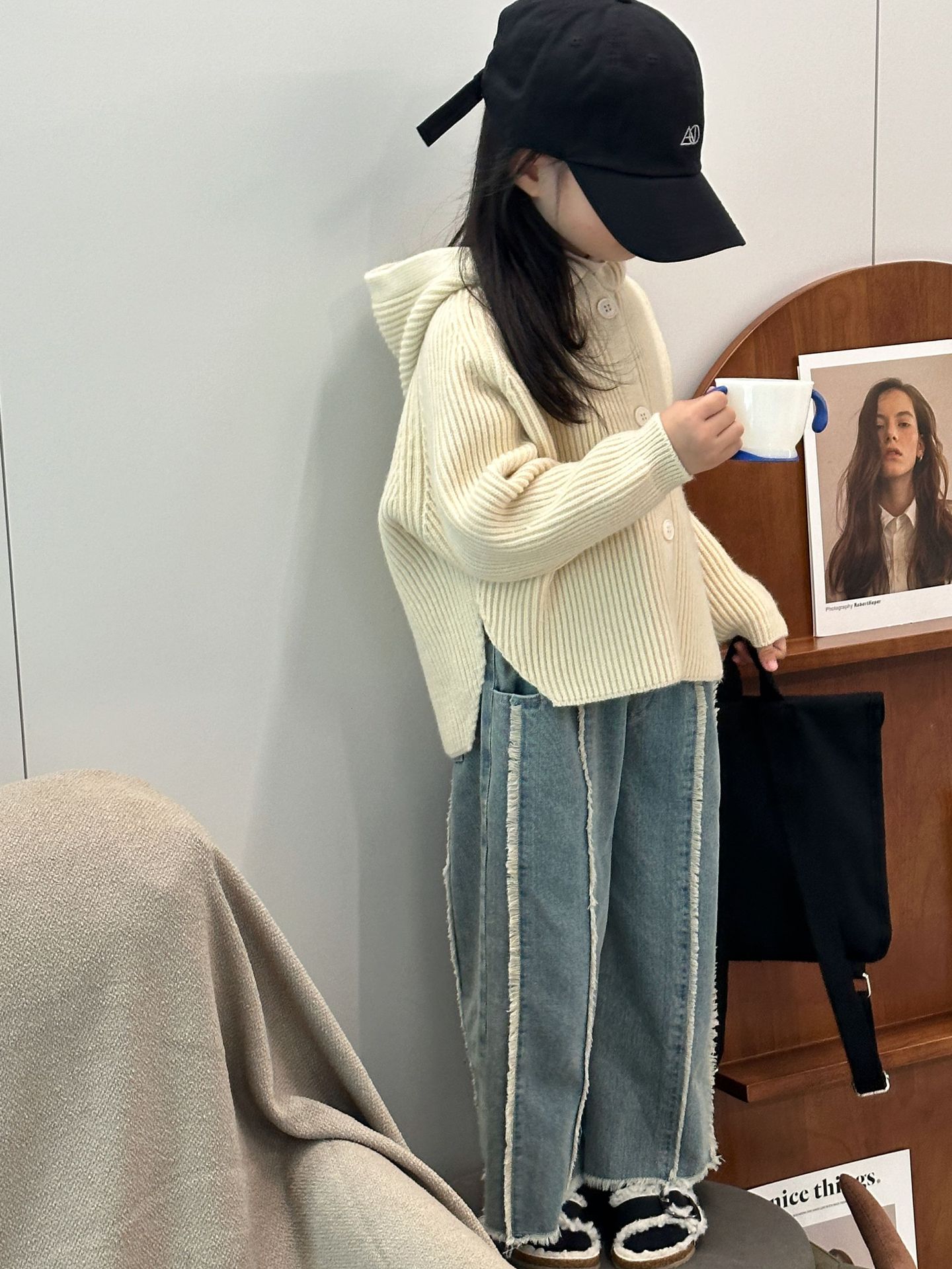 女童秋装套装2023新款元气女孩毛纱外套洋气时髦儿童牛仔阔腿裤潮详情11