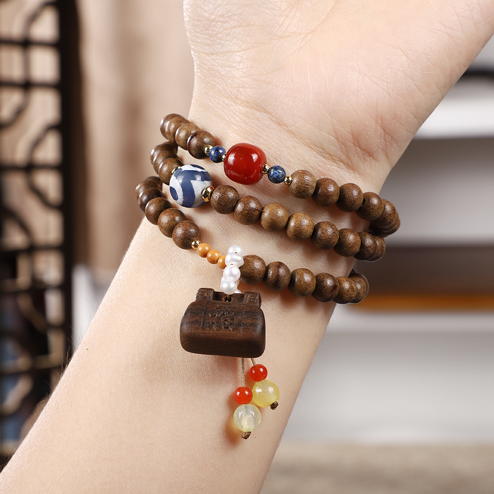 国潮藏式复古沉香木福字锁吊坠手链新中式多圈九尾狐流苏文玩佛珠手串详情4