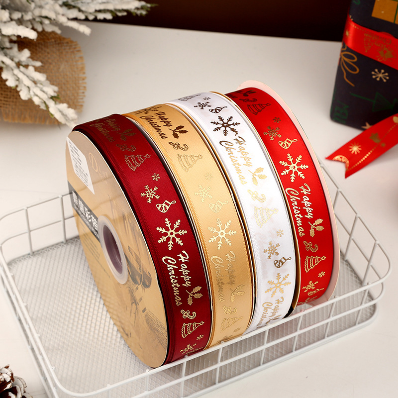 Dingxin 2.5CM Christmas ribbon in stock wholesale, gold-embossed snowflake DIY Christmas gift packaging color ribbon Polyester ribbon pic 6