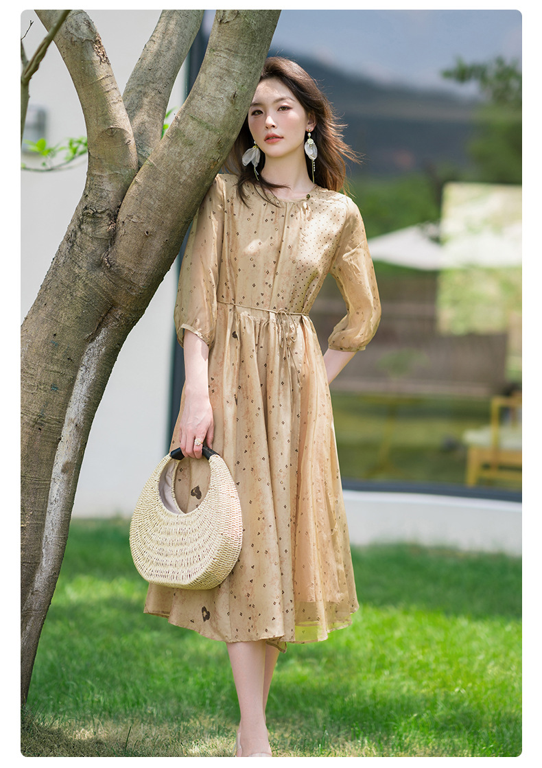 荣太设计师定染黑桃印花真丝连衣裙女拼接欧根纱桑蚕丝裙子系带详情25