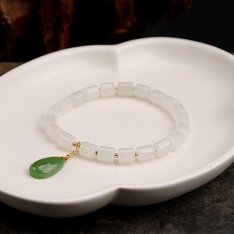 DIY pure gold 18K handcrafted series, natural and versatile old material Hetian jade bucket bead bracelet, small drops of jade water pic 6