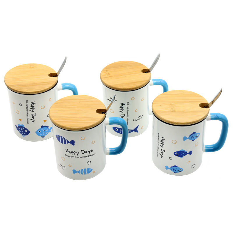 卡通陶瓷马克杯带竹盖带柄勺套装创意蓝色小鱼陶瓷杯时尚早餐杯家用办公室休闲杯个人商务礼品详情5