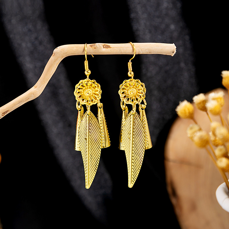 Ethnic-style peacock earrings, golden bell tassel earrings, Bohemian leaf pendants, scenic area earrings wholesale pic 5