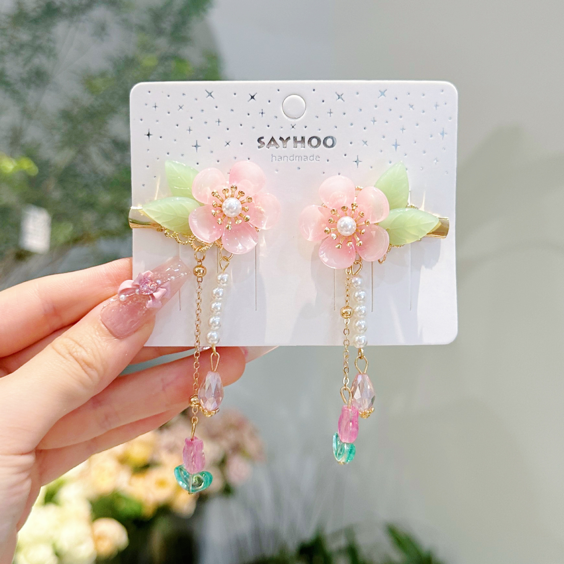 儿童发夹 国潮系列新款古风花朵蝴蝶珍珠流苏中国风琉璃对夹女孩汉服头饰详情8