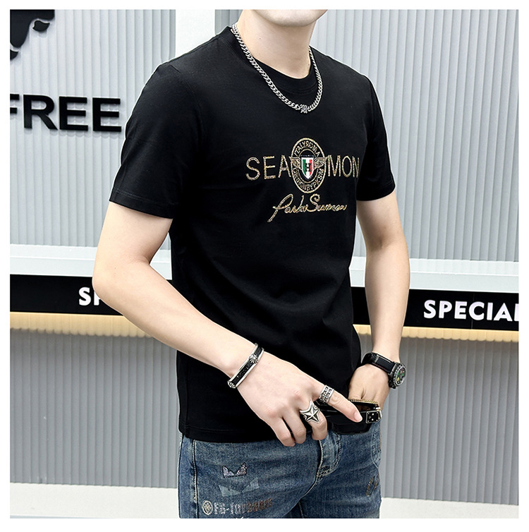 2024年夏季新款男士字母休闲时尚烫钻印花透气圆领修身短袖T恤衫详情14