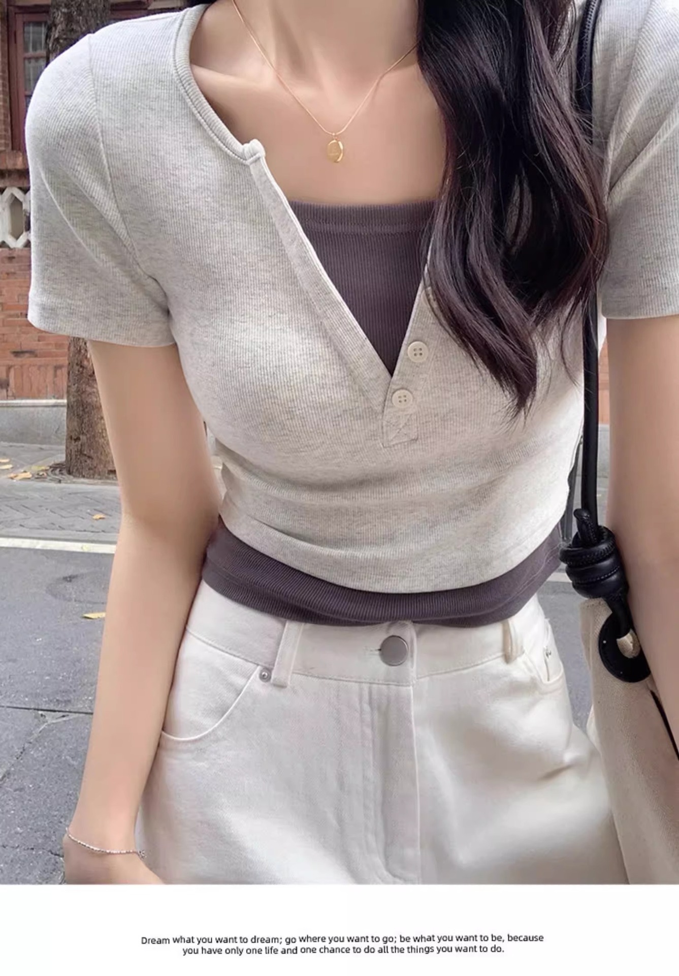 Pink V-neck off-the-shoulder T-shirt for women, short sleeve, new spring and summer style, two-piece design, slim and short, pure and sensual pic 43