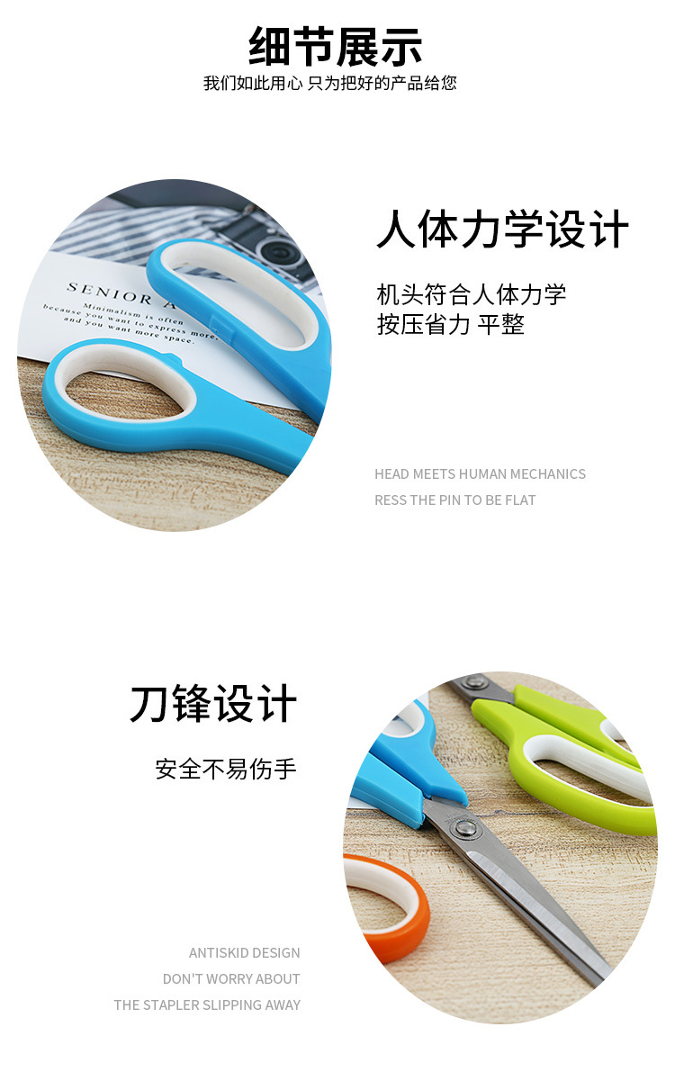 Cross-border direct supply of soft rubber ring TPR stainless steel scissors, color double-ring rubber plastic 7.5-inch large card insertion office scissors pic 5