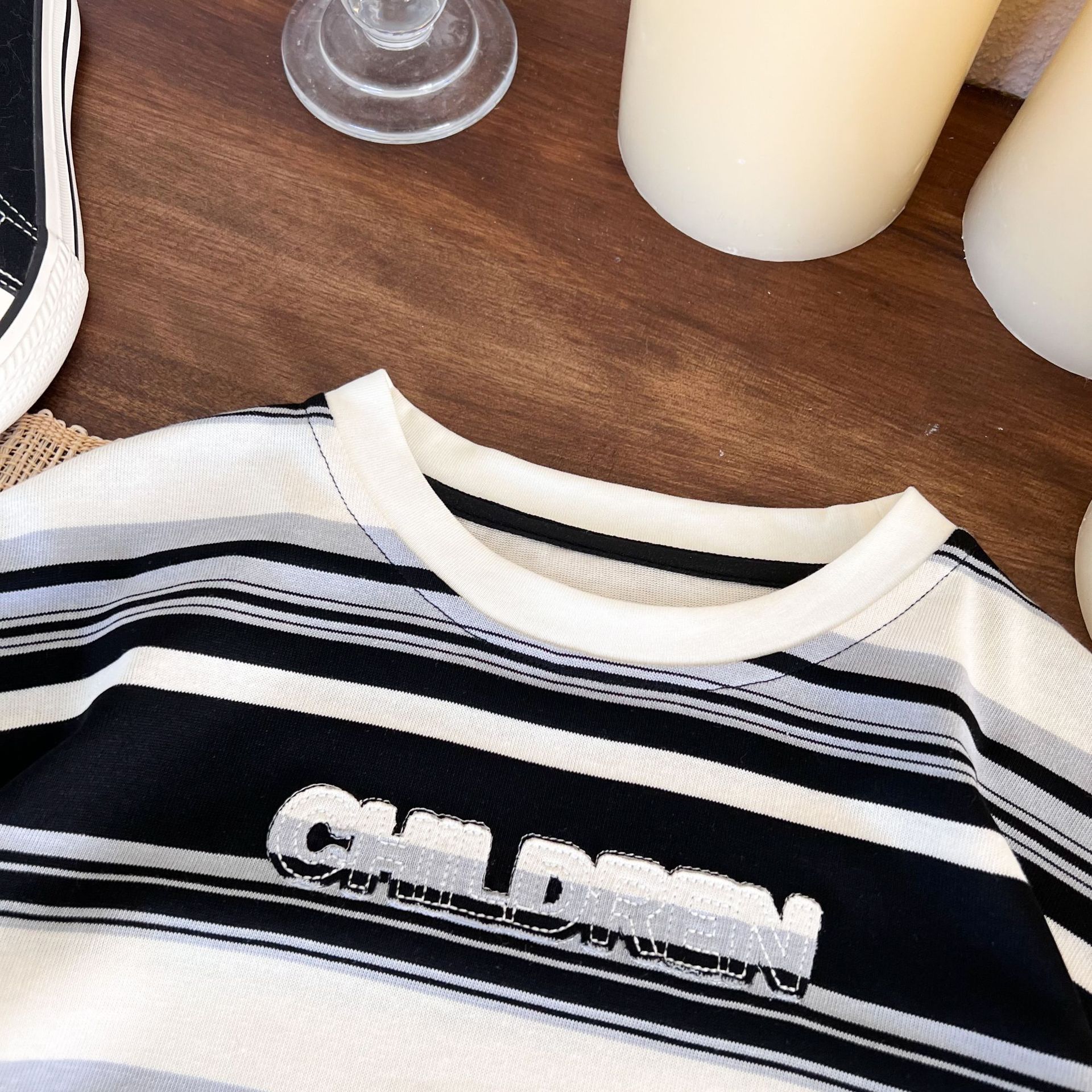 童装短袖2024夏季新款男童撞色混彩休闲条纹T恤儿童字母刺绣潮流T详情11