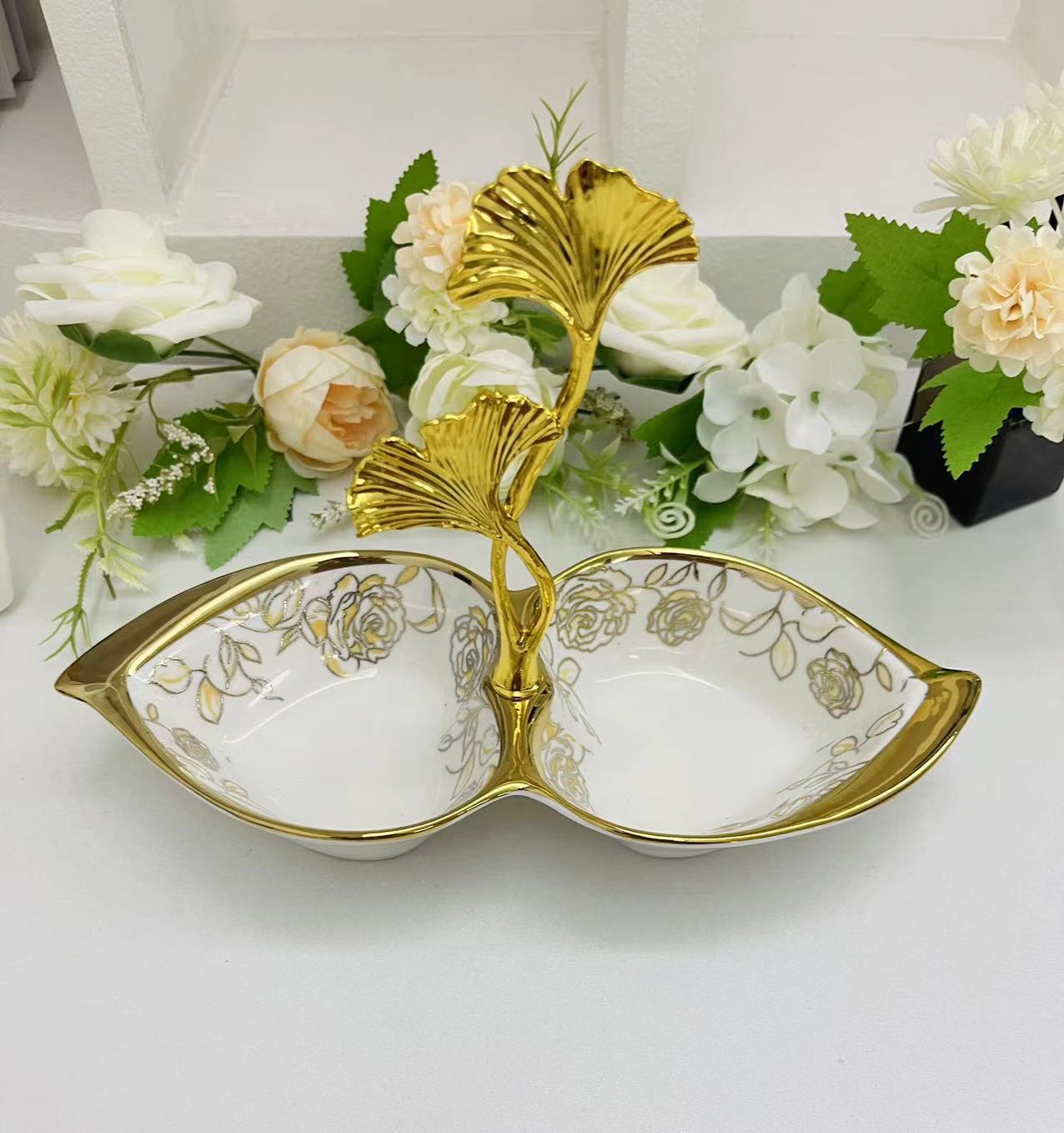 Creative ceramic multi-compartment fruit plate, pastry plate, flower tea, dried fruit snack plate, crystal, 4-compartment tableware, fruit plate, 13-piece golden castle vase pic 9