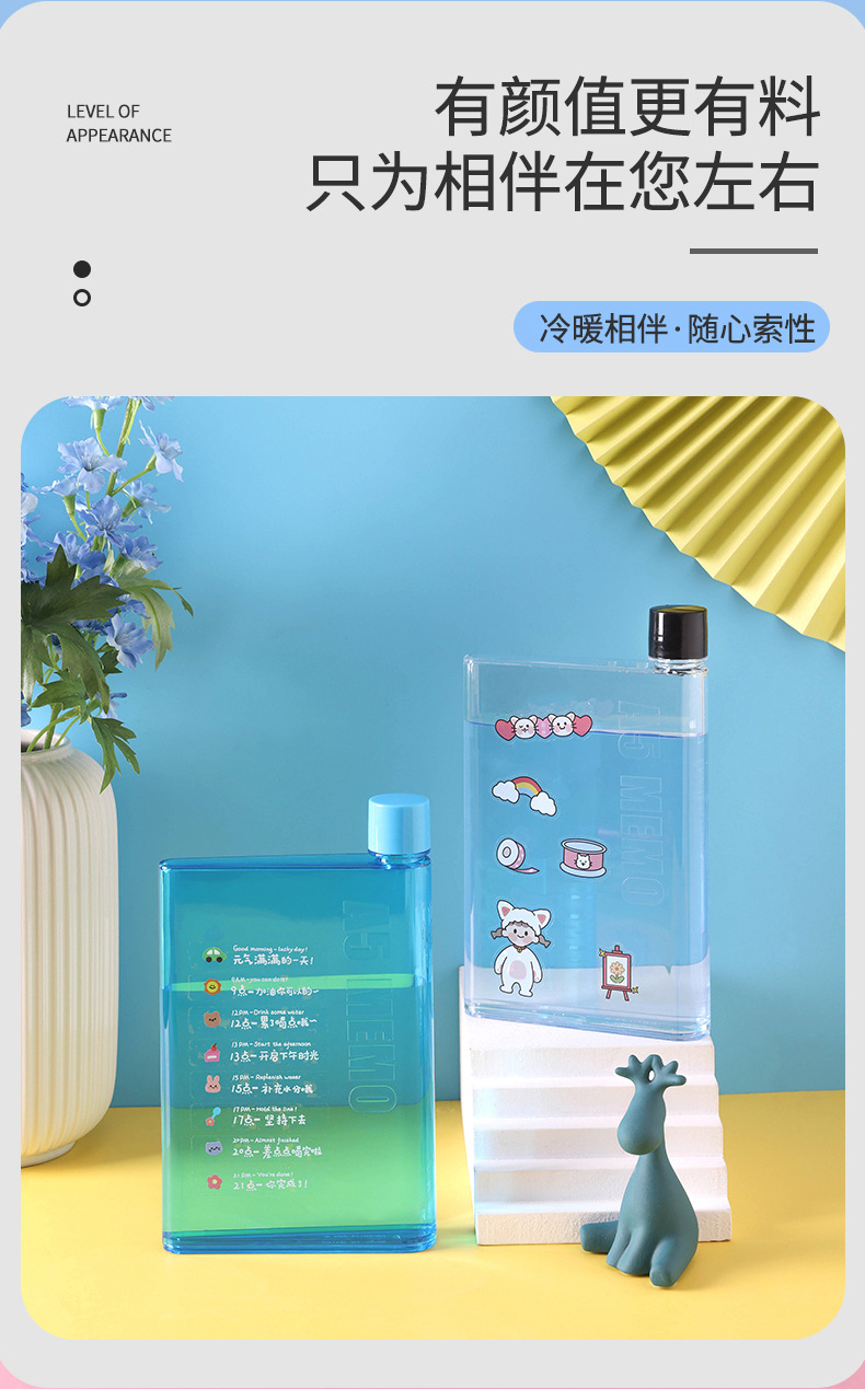 X49-A5个性创意扁平水杯韩系可爱学生户外便携塑料水杯DIY扁平水壶详情4