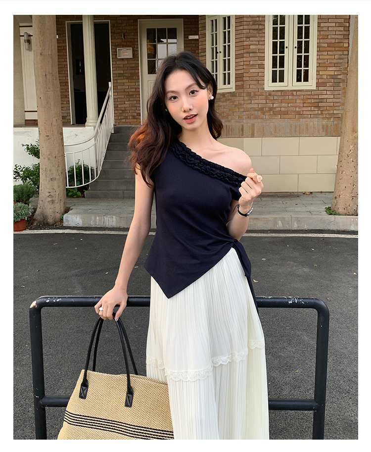 爱西里2025夏季减龄甜美拼木耳花边斜肩下摆不规则短袖T恤女13835详情2