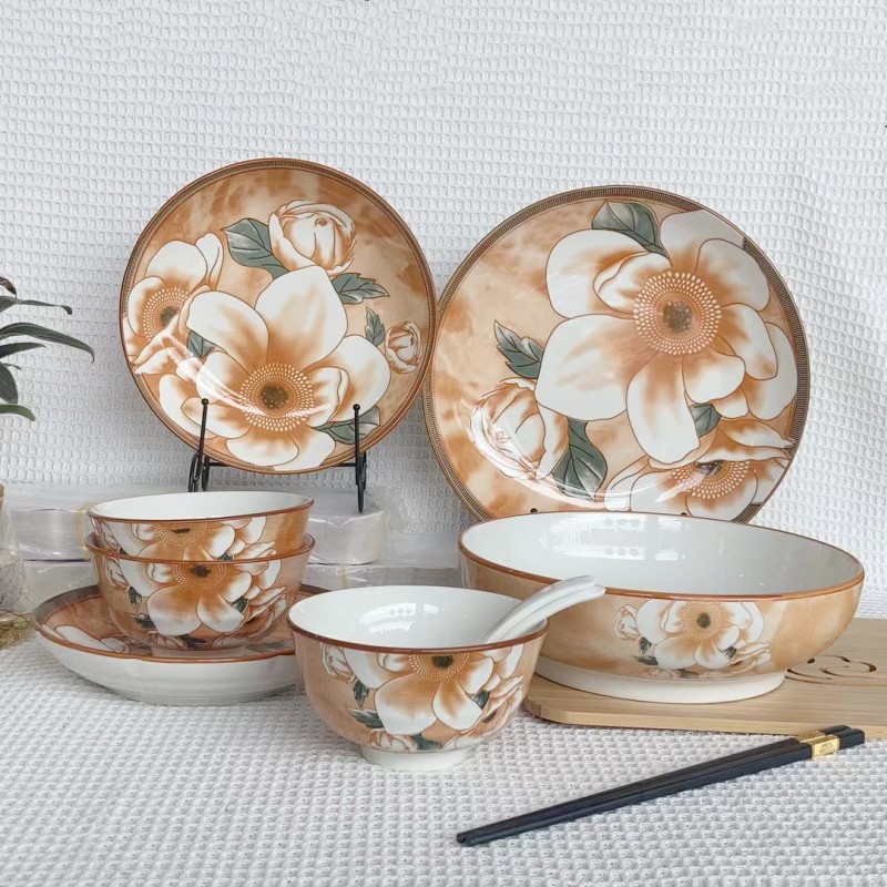 Japanese camellia ceramic bowls, plates and tableware, household rice bowls, large soup bowls, vegetable plates, popular retro bowls and plates, can be microwaved pic 1