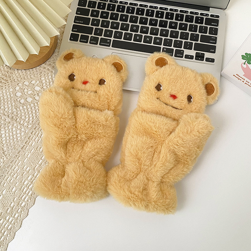 手套冬季女可爱卡通黄色小熊毛绒翻盖骑行学生保暖加绒加厚围巾详情7