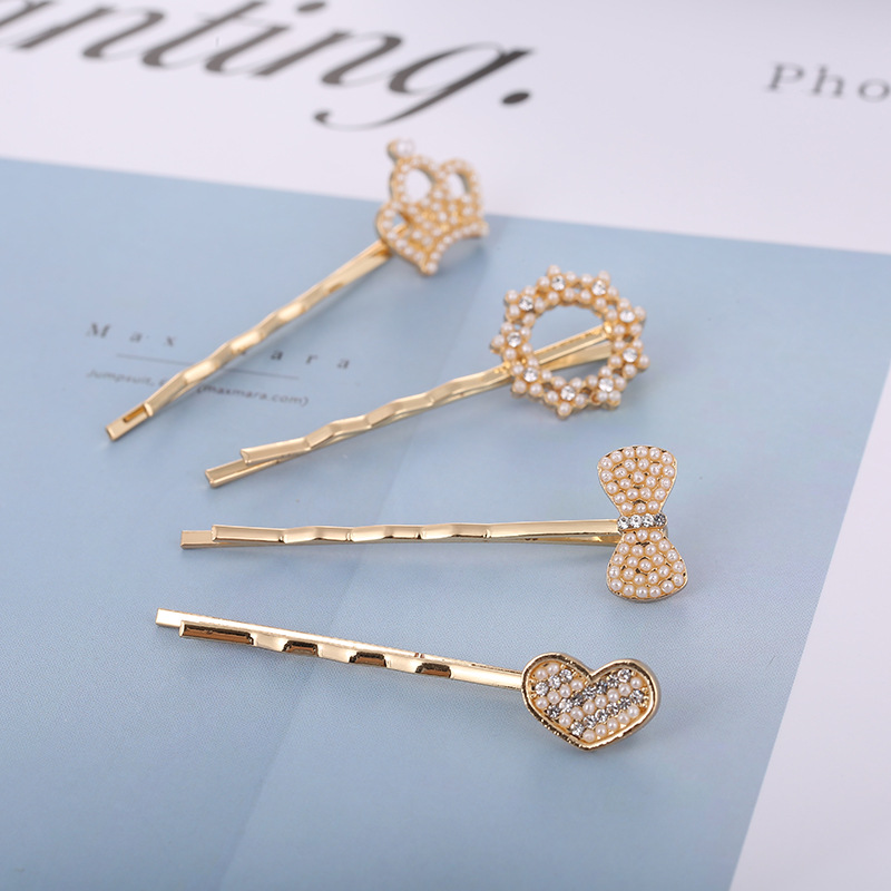 Diadema de perlas versión coreana mujer horquilla clip de una palabra moda corona corazón pajarita diamante nueva llegada accesorios para el pelo al por mayor pic 1