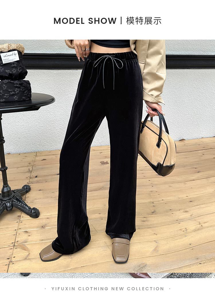 百搭休闲长裤松紧腰阔腿裤女秋冬季薄款垂感休闲宽松直筒裤黑色详情4