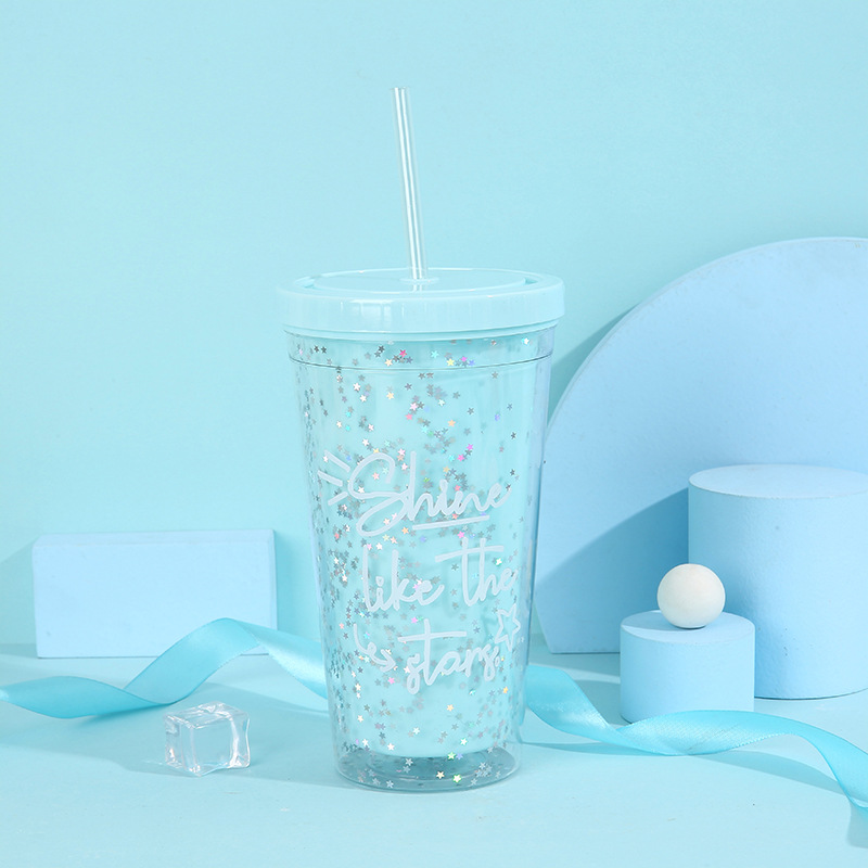 Summer new double-layer household carrying straw ice cup, popular star sequined creative plastic student gift water cup pic 7