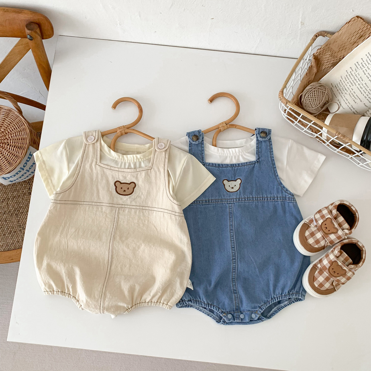 夏季韩国婴儿宝宝牛仔小熊背带哈衣男女小孩童装包屁衣洋气爬爬服详情4