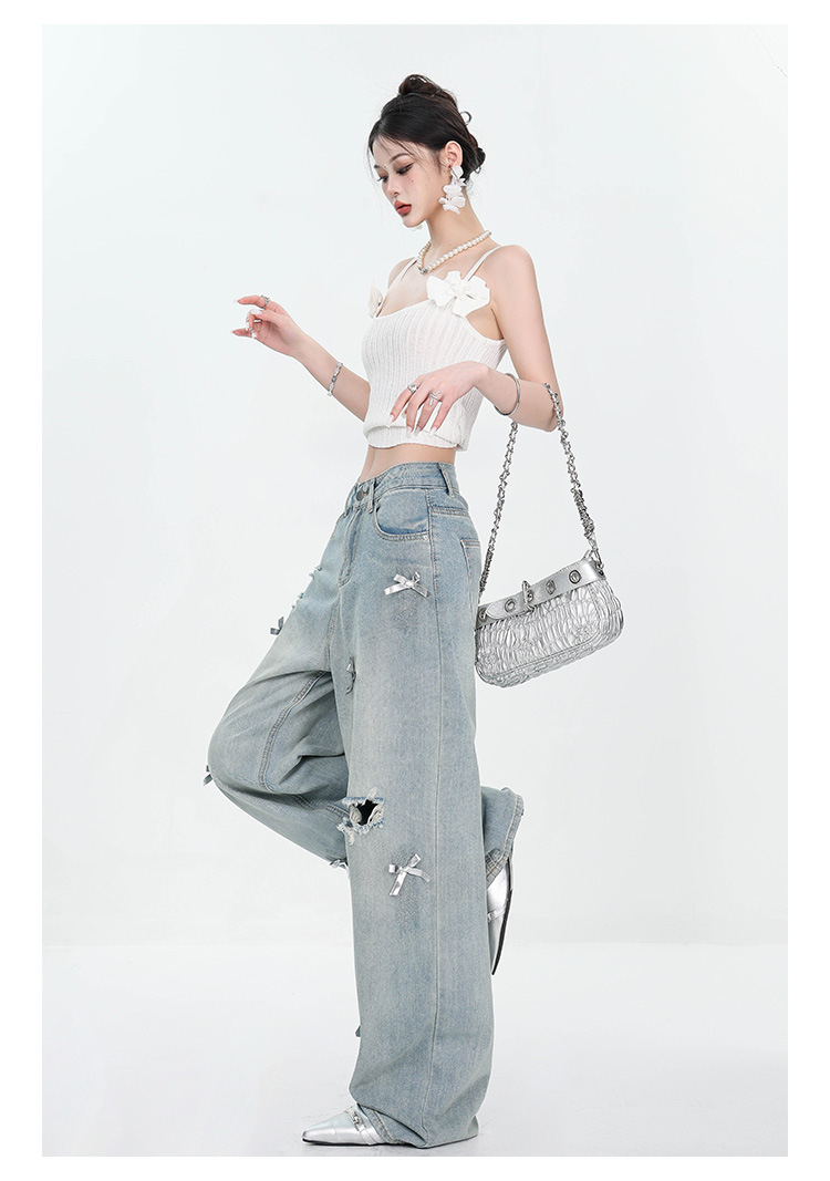 Large-sized retro three-dimensional bow ripped jeans for women with a summer design sense, high-waisted straight-leg loose wide-leg pants pic 17