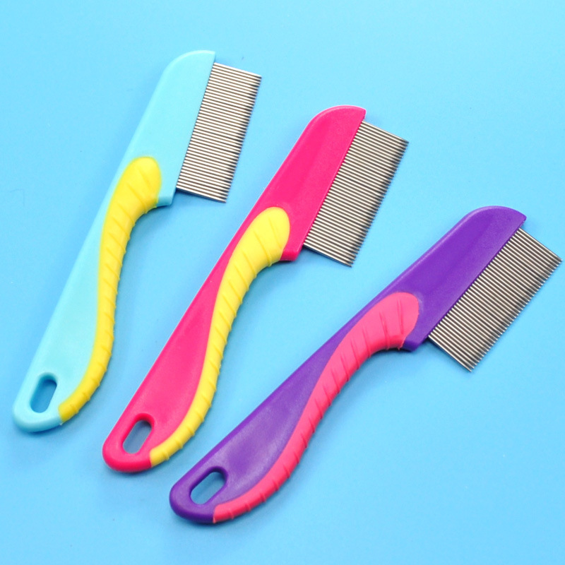 Pet comb, long needle, dense teeth, flea comb, colorful plastic grooming comb, pet stainless steel needle pic 2