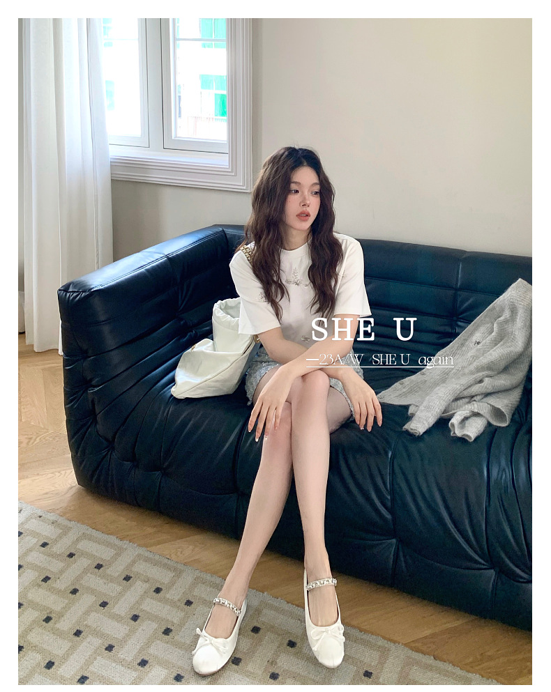 SHE U十三行2023秋季新款法式时尚立体胶花T恤女宽松百搭短袖上衣详情11