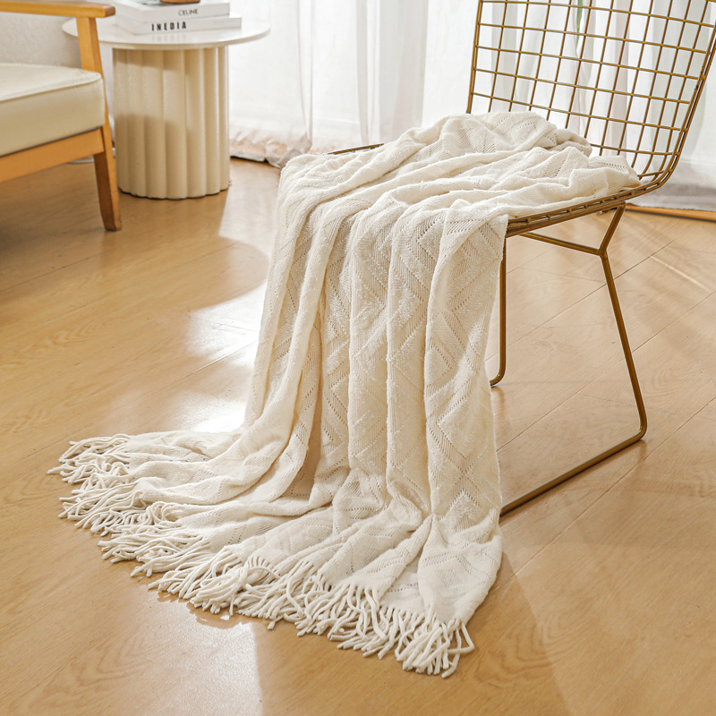 Ins-style soft solid-color acrylic warp knitted jacquard checkered blanket sample room homestay decoration camping blanket pic 13